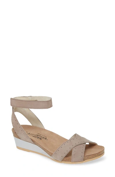 Shop Naot Wand Wedge Sandal In Stone/ Brown Nubuck Leather