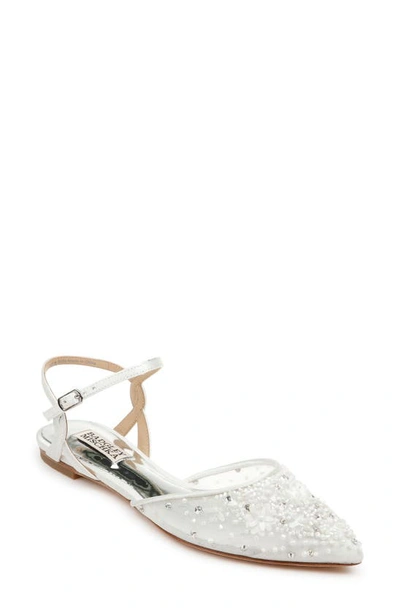 Shop Badgley Mischka Carissa Embroidered Pointed Toe Flat In Soft White Satin