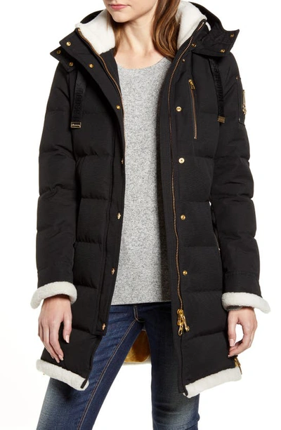 Shop Moose Knuckles Mont Joli Genuine Shearling Trim Hooded Down Jacket In Black