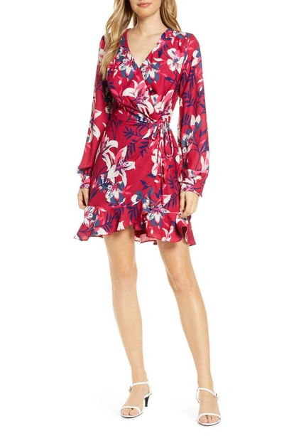 Shop Adelyn Rae Shayne Long Sleeve Floral Faux Wrap Dress In Cherry Pink