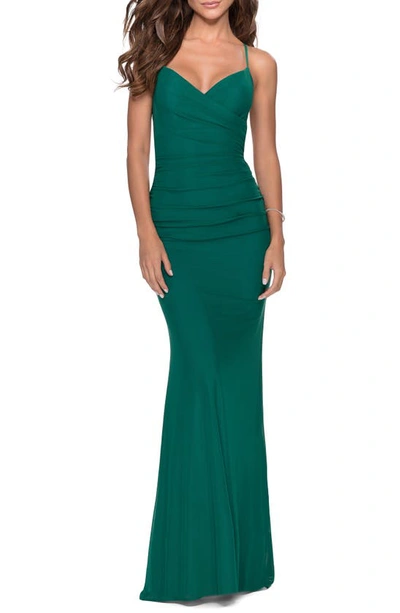 Shop La Femme Strappy Back Ruched Trumpet Gown In Emerald