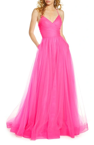 Shop La Femme Neon Light Tulle Gown In Neon Pink