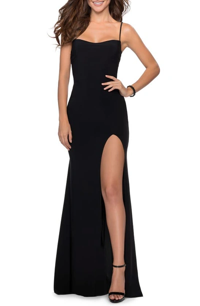 Shop La Femme Spaghetti Strap Jersey Gown In Black