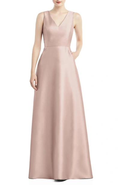 Shop Alfred Sung V-neck Satin A-line Gown In Toasted Sugar