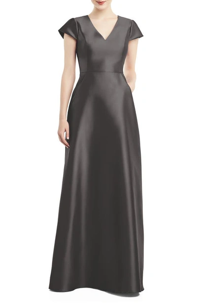 Shop Alfred Sung V-neck Satin Cap Sleeve Gown In Caviar