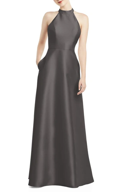 Shop Alfred Sung Halter Style Satin Twill A-line Gown In Caviar