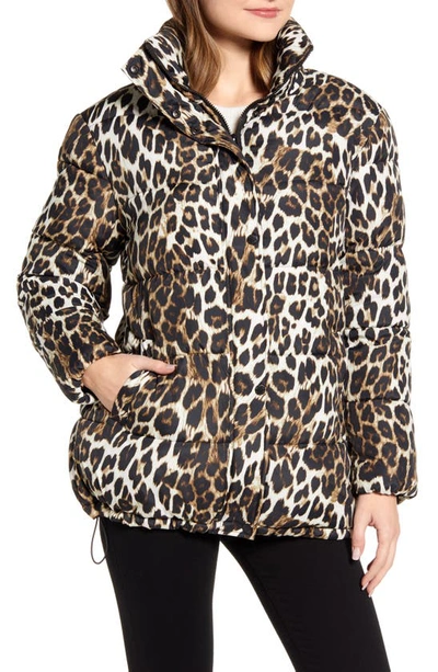 Shop Via Spiga Stand Collar Water Resistant Leopard Print Puffer Coat