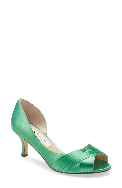 Shop Nina Contesa Open Toe Pump In Green Satin