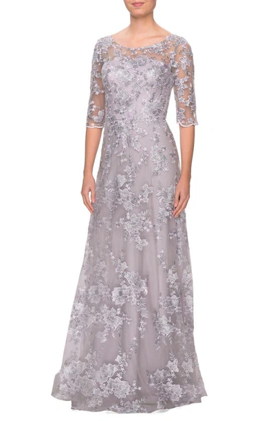 Shop La Femme Shimmer Lace A-line Gown In Lavender Grey