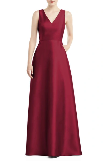 Shop Alfred Sung V-neck Satin A-line Gown In Burgundy