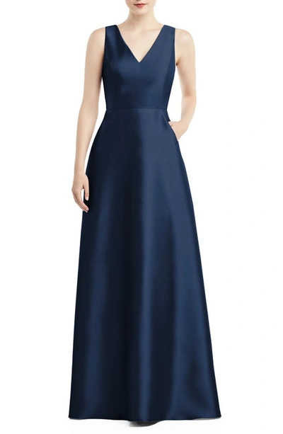 Shop Alfred Sung V-neck Satin A-line Gown In Midnight