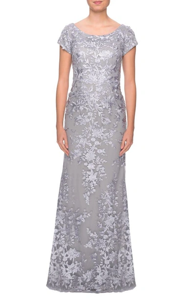 Shop La Femme Lace A-line Gown In Silver