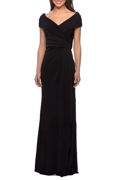 Shop La Femme Ruched Jersey Column Gown In Black