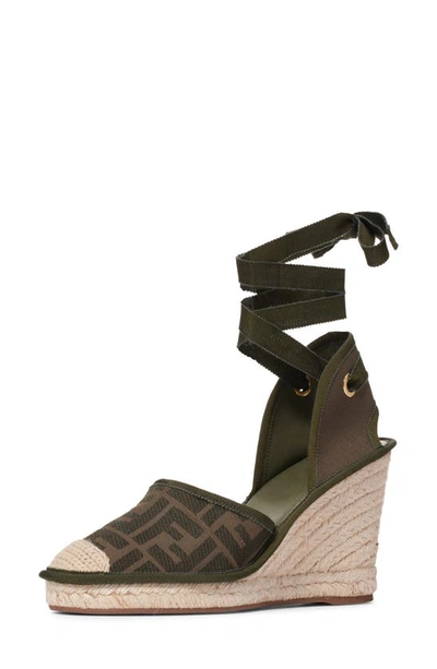 Shop Fendi Roam Ankle Strap Wedge Sandal In Brown/ Olive