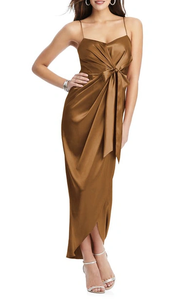 Shop After Six Bow Front Stretch Satin Gown In Toffee