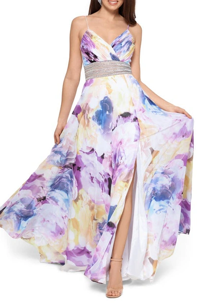 Shop Xscape Floral Print Beaded Waist Gown In Yellow Multi