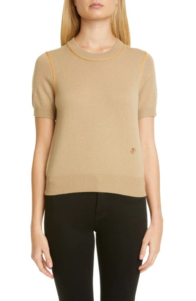 Shop Burberry Constance Tb Monogram Piped Cashmere Sweater In Archive Beige