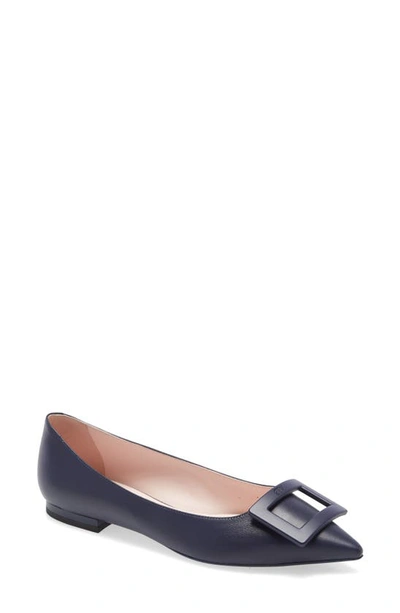 Shop Roger Vivier Gommettine Buckle Pointy Toe Flat In Navy