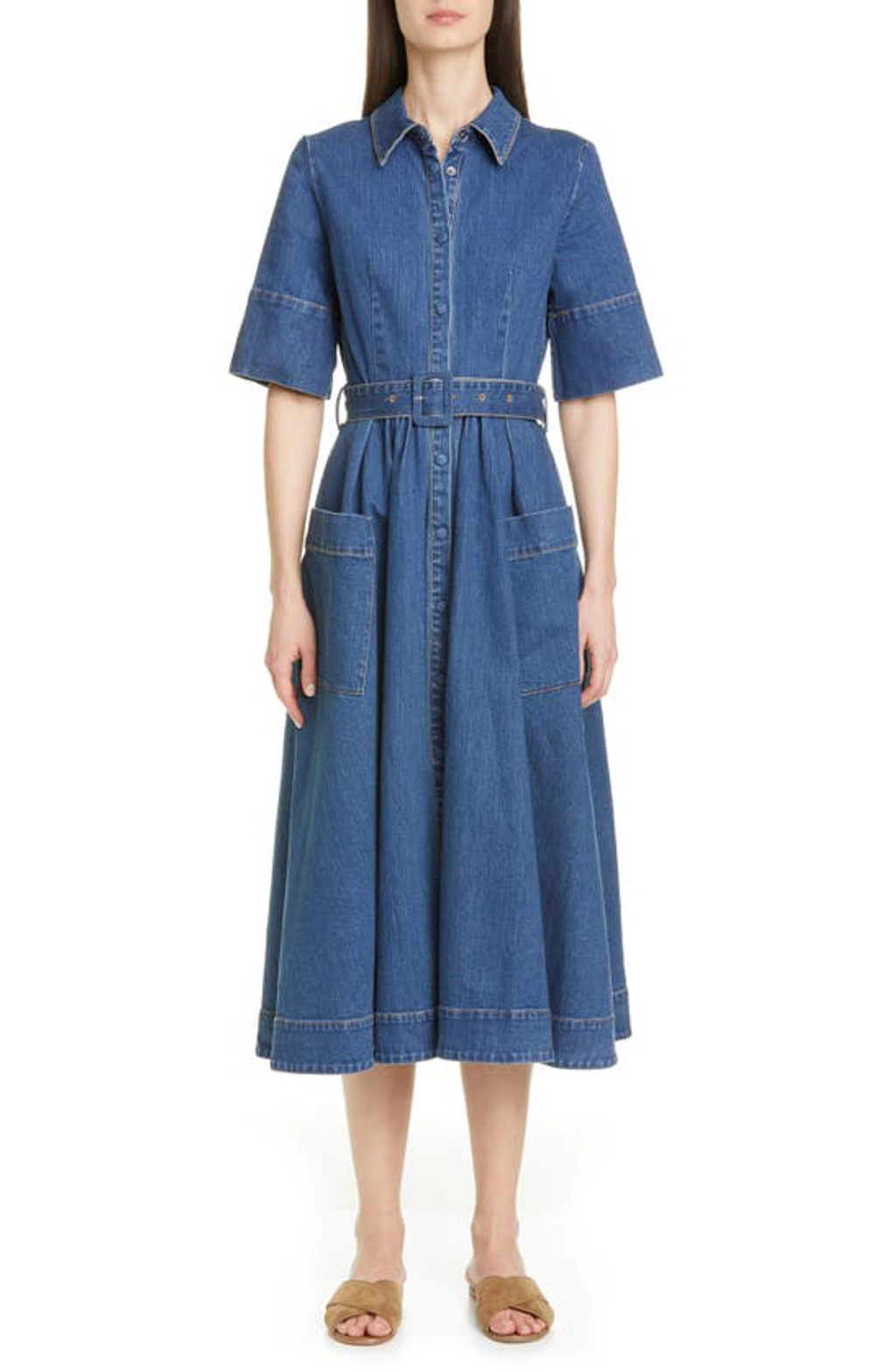 Co Belted Denim Midi Shirtdress ModeSens