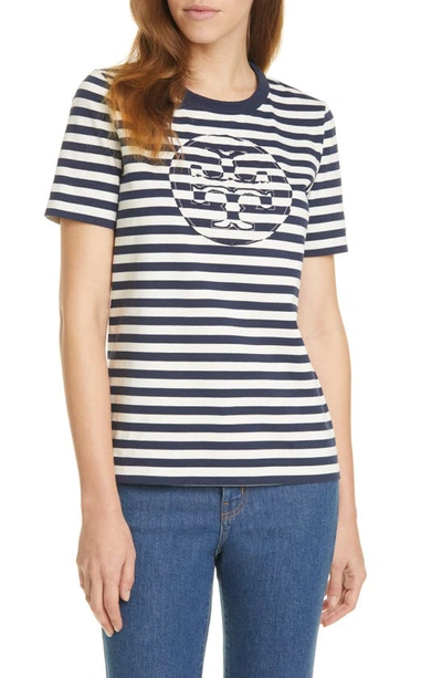 Shop Tory Burch Stripe Cotton Jersey Logo T-shirt In Navy Stripe Logo