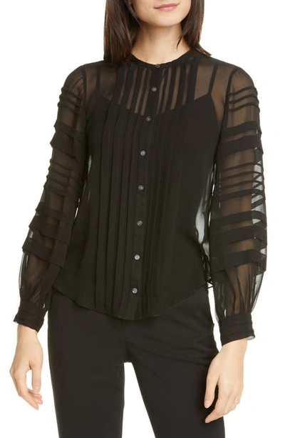 Shop Rebecca Taylor Pintuck Long Sleeve Silk Chiffon Blouse In Black