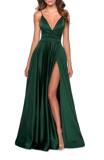 Shop La Femme Strappy Back Satin Ballgown In Emerald