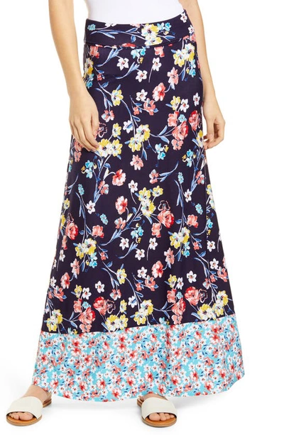 Loveappella Border Print Roll Top Maxi Skirt In Navy Aqua