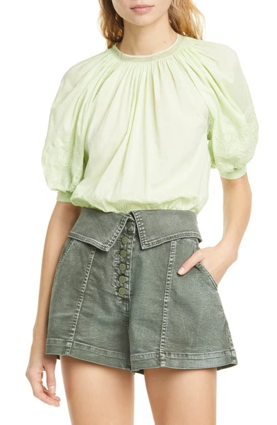 Shop Ulla Johnson Blythe Embroidered Puff Sleeve Cotton Blouse In Pistachio