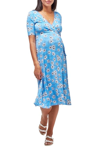Shop Nom Maternity Maya Maternity/nursing Wrap Dress In Blue Floral