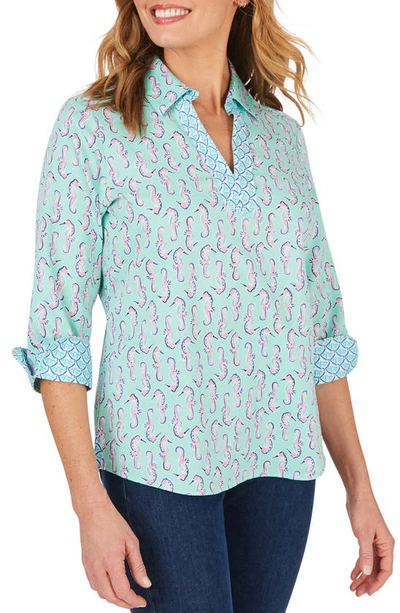 Shop Foxcroft Cora Seahorses Wrinkle Free Shirt In Creme De Mint