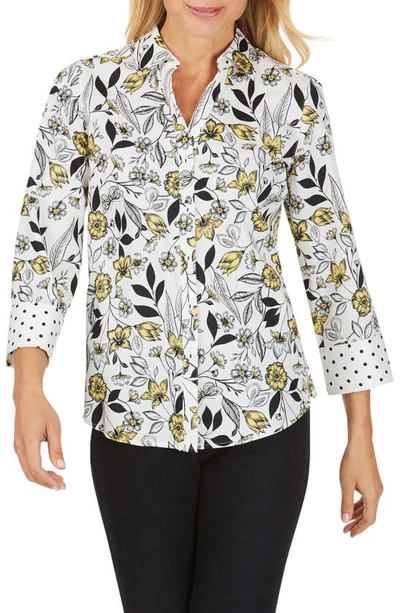 Shop Foxcroft Mary Floral Toile No-iron Cotton Sateen Button-up Shirt In Sunbeam