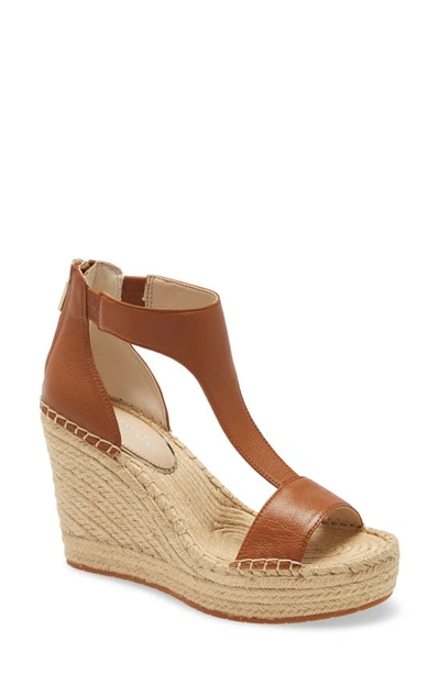 Shop Kenneth Cole New York Olivia T-strap Wedge Sandal In Cognac Leather
