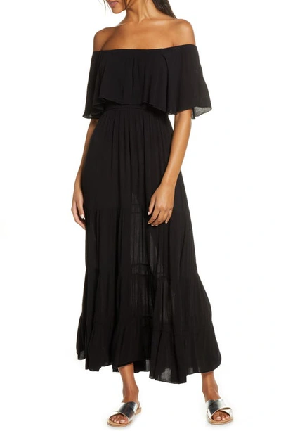 Shop Elan Off The Shoulder Ruffle Cover-up Maxi Dress In Black