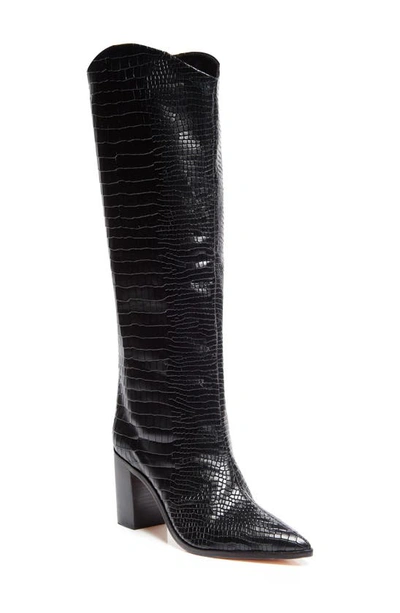 Shop Schutz Analeah Pointed Toe Knee High Boot In Black/ Black Snake Embossed
