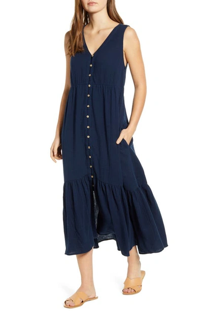 Shop Beachlunchlounge Lexa Sleeveless Cotton Double Cloth Midi Dress In Navy