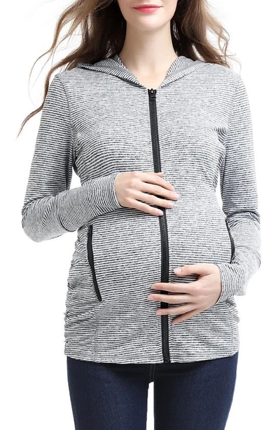 Shop Kimi And Kai Haven Stripe Ruched Maternity Hoodie In Black