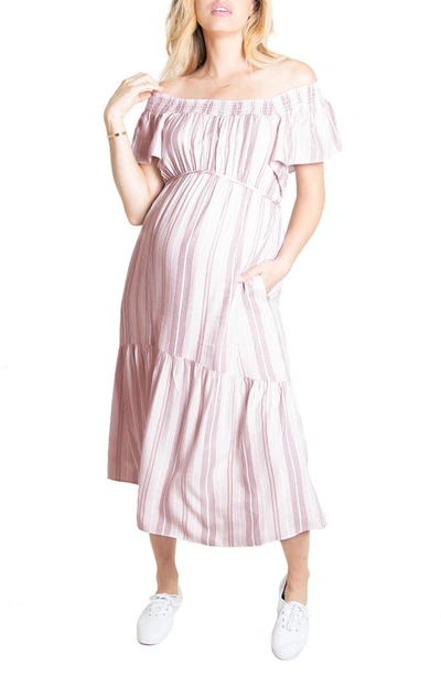 Shop Ingrid & Isabelr Flutter Sleeve Maternity Midi Dress In Pink Multi Stripe