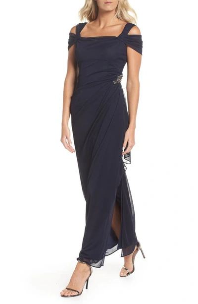 Shop Alex Evenings Embellished Cold Shoulder Column Evening Gown In Navy