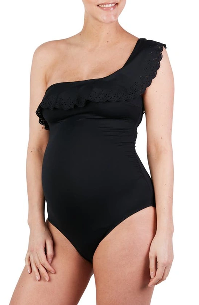 Shop Cache Coeur Bloom One-shoulder One-piece Maternity Swimsuit In Black