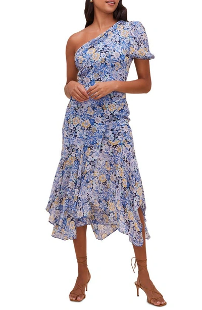 Shop Astr Santorini One Shoulder Asymmetrical Midi Dress In Navy Blue Floral Print