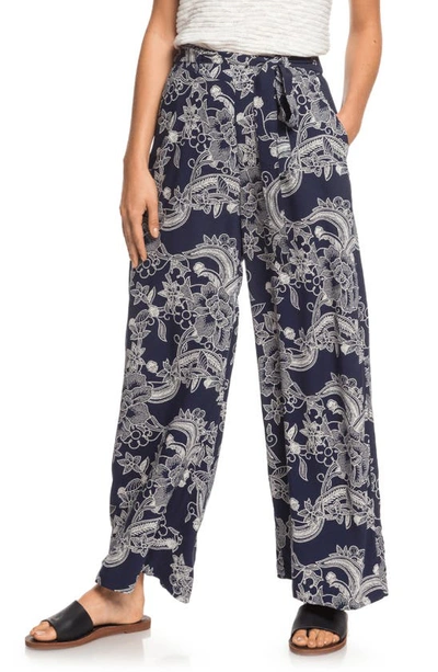 Shop Roxy South Of World Floral Print Wide Leg Pants In Mood Indigo Light Fairy