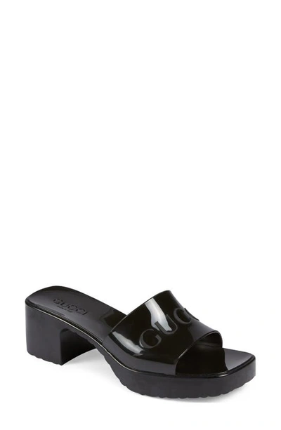 Shop Gucci Rubber Logo Platform Slide Sandal In Black