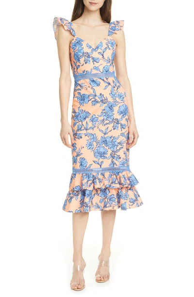 Shop Alice And Olivia Jade Floral Ruffle Strap Stretch Cotton Dress In Sketch Floral