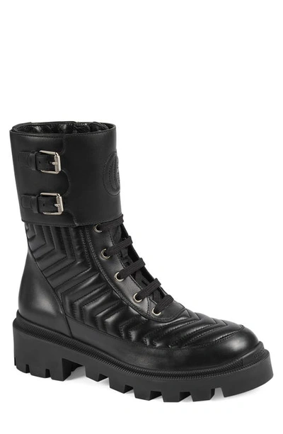 Shop Gucci Frances Gg Matelassé Platform Combat Boot In Black/ Black/ Black