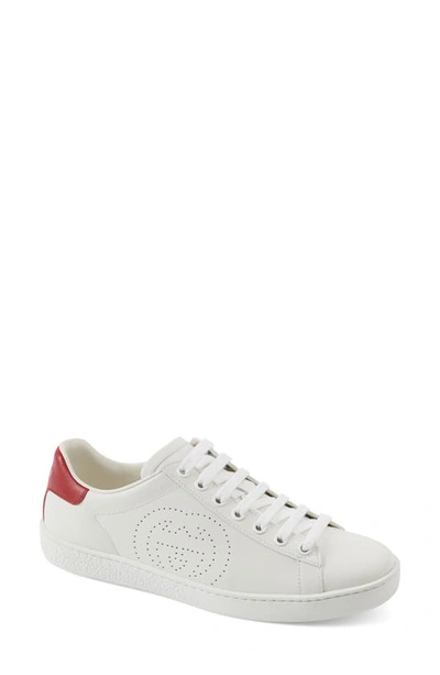 Shop Gucci New Ace Perforated Logo Sneaker In White/ Red