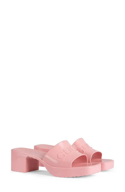 Shop Gucci Rubber Logo Platform Slide Sandal In Wild Rose
