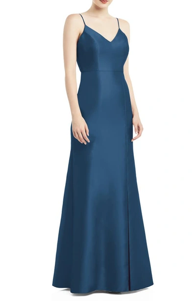 Shop Alfred Sung Bow Back Satin Twill Trumpet Gown In Dusk Blue