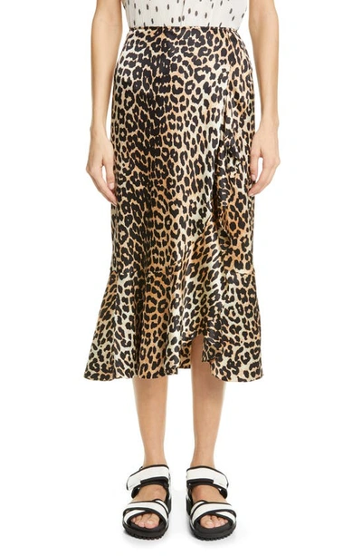 Shop Ganni Leopard Print Ruffle Stretch Silk Skirt