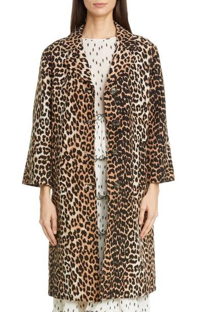 Shop Ganni Leopard Print Linen & Cotton Coat