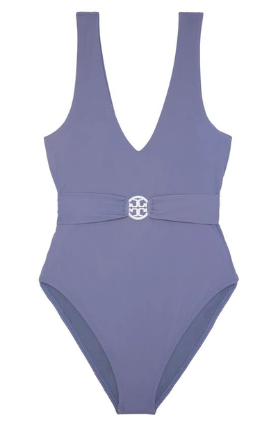 Shop Tory Burch Miller Plunge One-piece Swimsuit In Eclipse